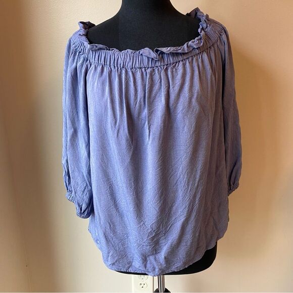 BANANA REPUBLIC Blouse Off the Shoulder Top Ruffle Chambray Blue Bohemian - Picture 1 of 7